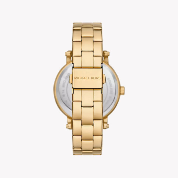Caseback view of Michael Kors Slim Runway watch with gold bracelet attachment
