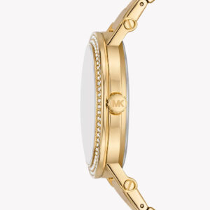 Side profile of Michael Kors Slim Runway watch showing gold case and crystal bezel
