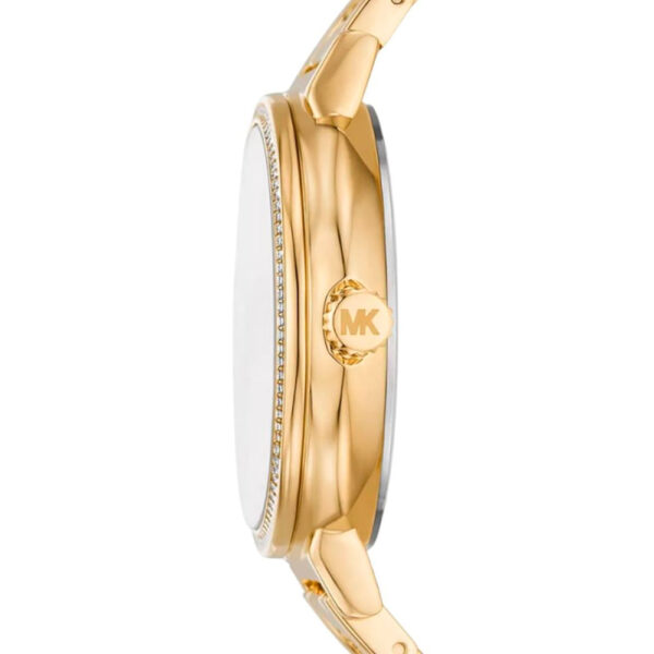 Michael Kors Sofie side profile showing gold case depth and link bracelet