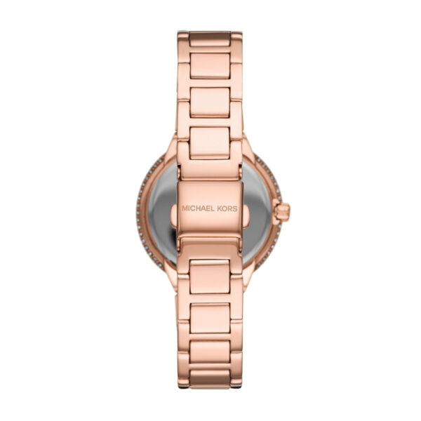Case back of Michael Kors Taryn watch with rose gold link bracelet