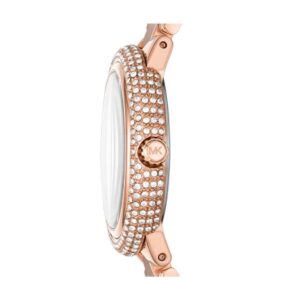 Side view of Michael Kors Taryn watch showing rose gold case with pavé crystal details