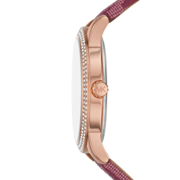 Side profile of Michael Kors Tibby watch showing rose gold case and burgundy strap