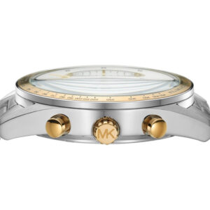 Michael Kors Warren chronograph watch showing side profile with silver case and gold-tone pushers