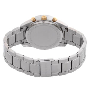Michael Kors Warren chronograph watch back showing silver-tone case back and full bracelet