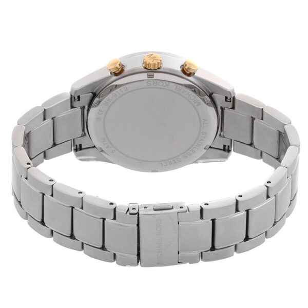 Michael Kors Warren chronograph watch back showing silver-tone case back and full bracelet