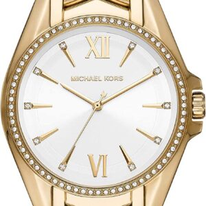 Michael Kors Whitney gold-tone women's watch with crystal bezel, white dial, and Roman numerals