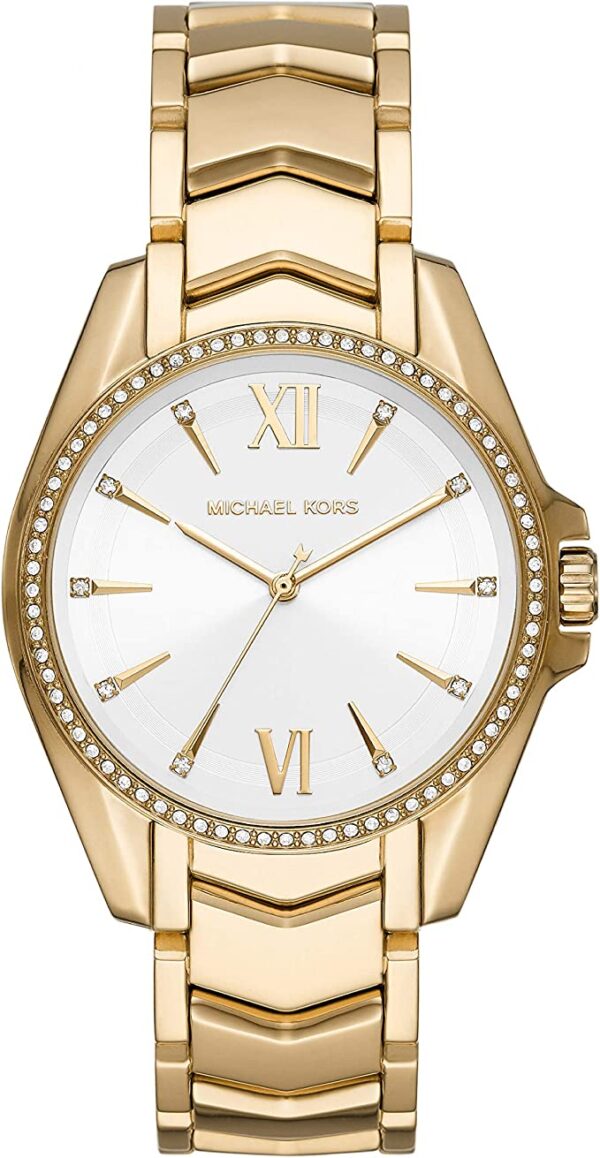 Michael Kors Whitney gold-tone women's watch with crystal bezel, white dial, and Roman numerals