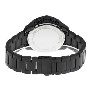 Back of Michael Kors Wren watch showing case back and black ion-plated bracelet