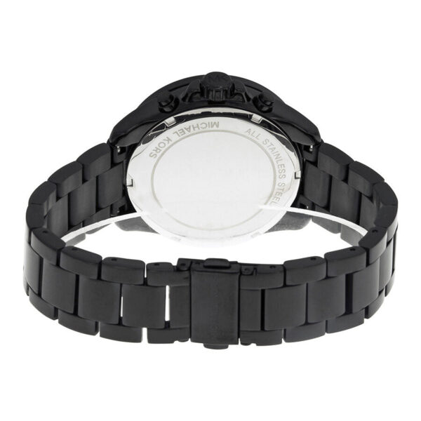Back of Michael Kors Wren watch showing case back and black ion-plated bracelet