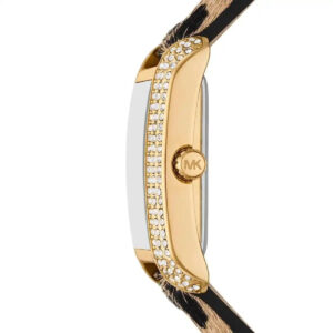 Side view of Michael Kors Emery watch showing crystal-set gold case with MK logo