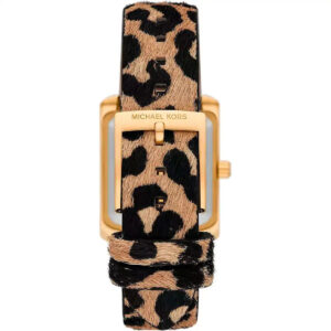 Top-down view of Michael Kors Emery watch with leopard print leather strap