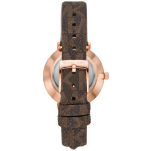 Three-quarter view of Michael Kors Pyper watch with brown leather strap and rose gold case