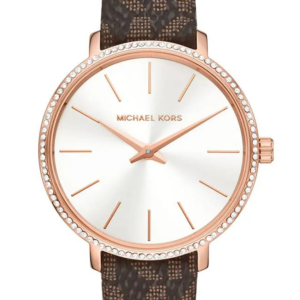Michael Kors Pyper women's watch with white dial, rose gold case, crystal bezel, and brown patterned leather strap