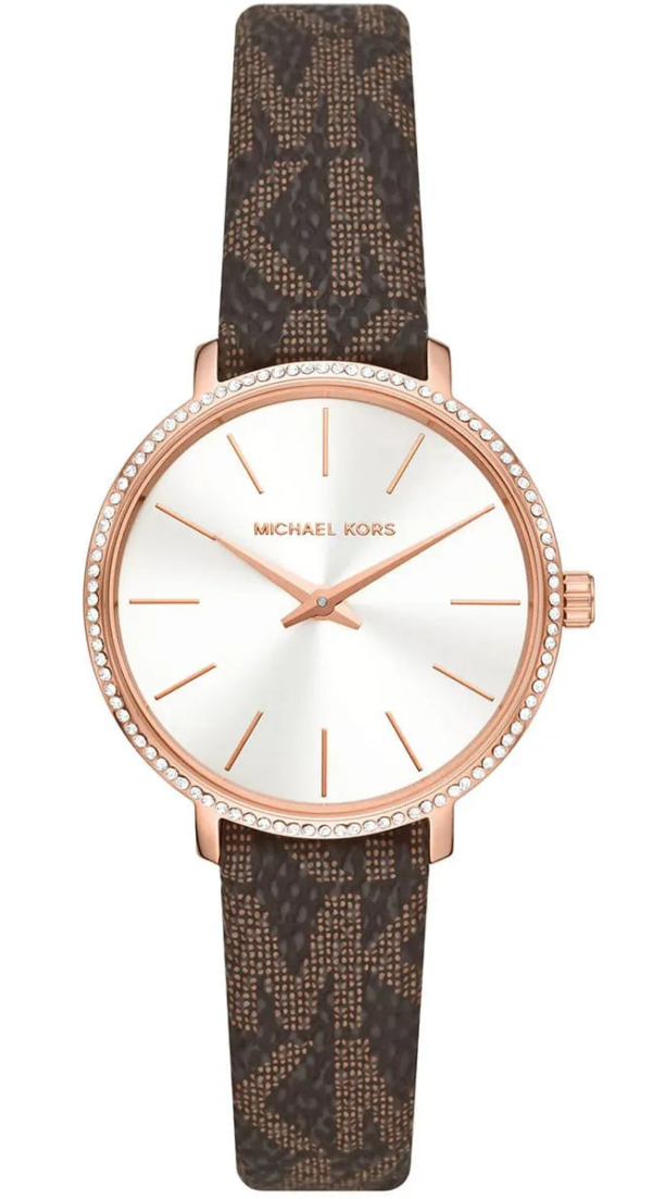 Michael Kors Pyper women's watch with white dial, rose gold case, crystal bezel, and brown patterned leather strap
