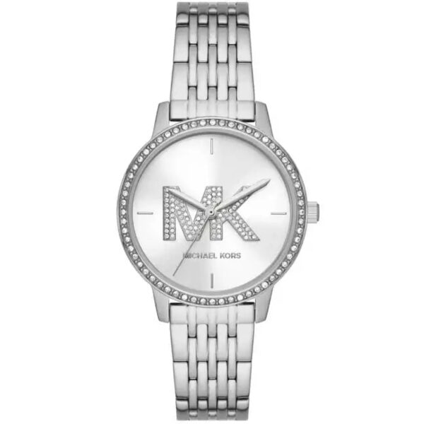 Michael Kors St. Moritz silver-tone women's watch with crystal bezel and MK logo dial