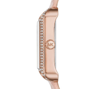 Michael Kors MK2763 watch side view showing rose gold-tone case with crystal bezel and pink leather strap