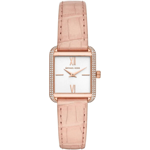 Michael Kors Lake rose gold-tone women's watch with square white dial, crystal-set bezel, and pink leather strap