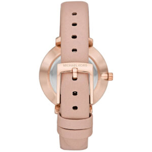 Angled view of Michael Kors Pyper watch with pink leather strap and rose-gold buckle