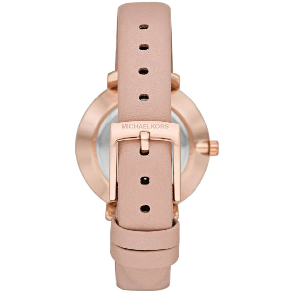 Angled view of Michael Kors Pyper watch with pink leather strap and rose-gold buckle