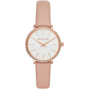 Michael Kors Pyper women's watch with white dial, crystal-bezel, rose-gold case, and pink leather strap