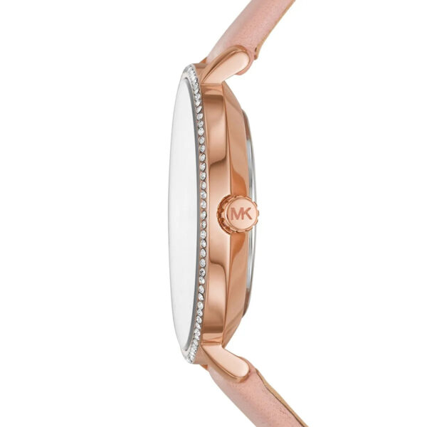Side view of Michael Kors Pyper watch showing rose-gold case and crystal-set bezel