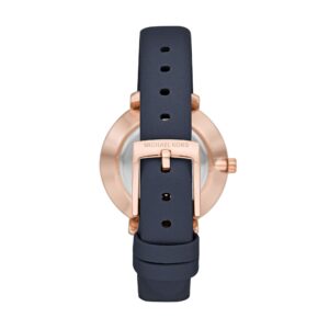 Back view of MK2804 displaying rose gold case back and navy leather strap with buckle