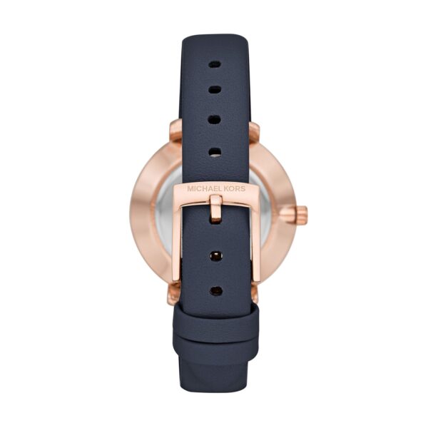 Back view of MK2804 displaying rose gold case back and navy leather strap with buckle