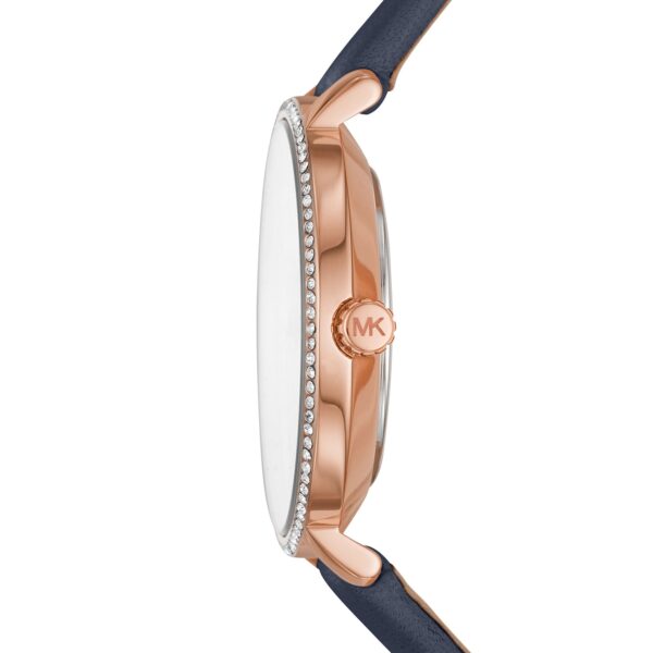 Side profile of MK2804 showing rose gold case depth and crystal-set bezel detail