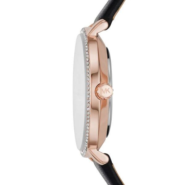Side profile of Michael Kors Pyper watch displaying crystal-set bezel and rose gold case