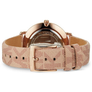 Caseback view of Michael Kors Pyper showing stainless steel case and pink patterned strap