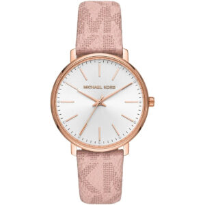 Michael Kors Pyper women's watch with silver dial, rose gold case, and pink leather strap