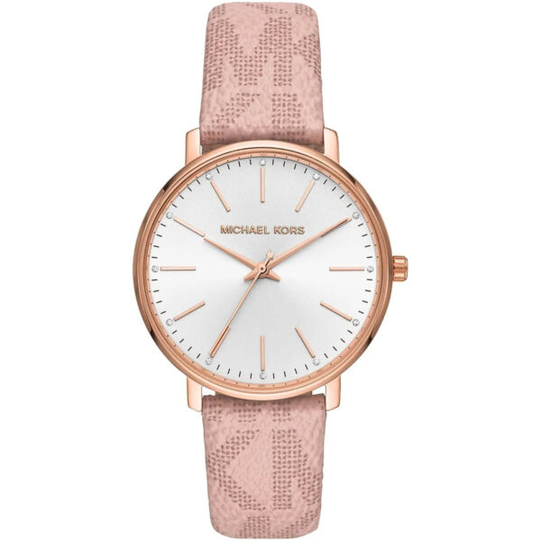 Michael Kors Pyper women's watch with silver dial, rose gold case, and pink leather strap