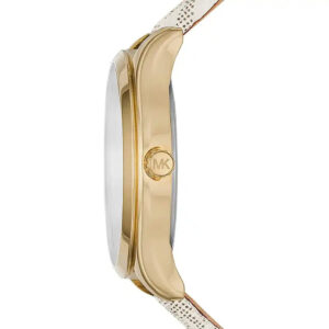 Side view of gold-tone Michael Kors Mini Jaycie watch with beige canvas strap