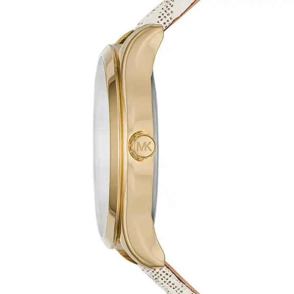 Side view of gold-tone Michael Kors Mini Jaycie watch with beige canvas strap