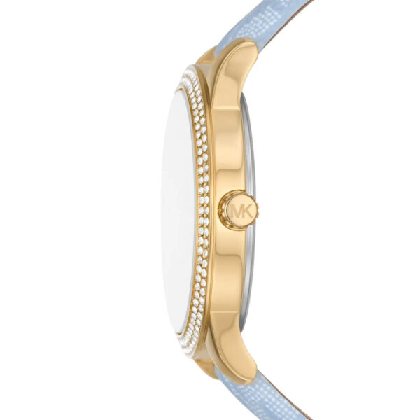 Michael Kors Tibby watch side view showing gold case profile, crystal bezel, and blue strap
