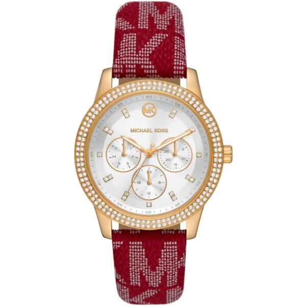 Michael Kors Tibby multifunction watch with white dial, three subdials, crystal bezel, gold case, and red MK logo strap