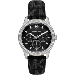 Michael Kors Tibby chronograph women's watch with black dial, silver case, crystal bezel, and black leather strap