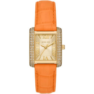 Michael Kors Emery watch with gold-tone case, crystal bezel, champagne dial with Roman numerals, and orange leather strap