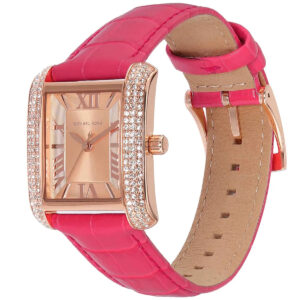 MK2984 Emery watch showing angled view of rose gold case and pink leather strap