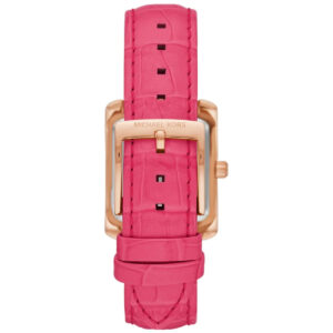 Caseback of MK2984 showing rose gold case and geranium pink leather strap