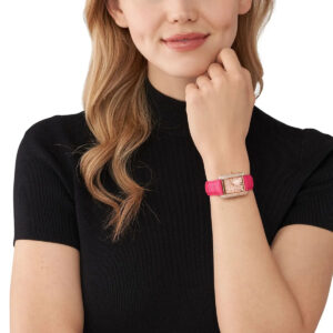 Michael Kors Emery MK2984 watch worn on wrist, rose gold with pink leather strap