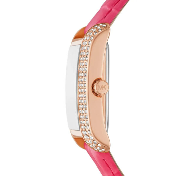 Side profile of Michael Kors Emery MK2984 with crystal-set bezel and pink strap