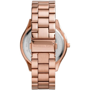 Michael Kors Runway MK3336 rose gold women's watch caseback showing metal bracelet and clasp