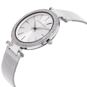 Michael Kors Darci watch at angle showing silver case and mesh strap