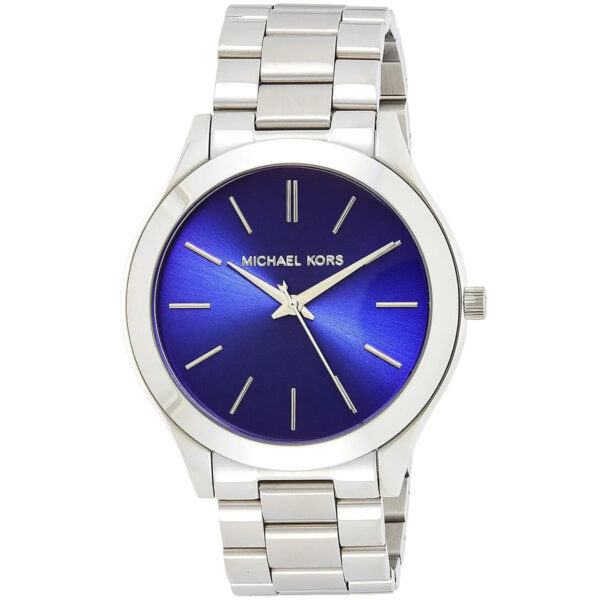 Michael Kors MK3379 watch with blue sunburst dial and three-hand quartz movement