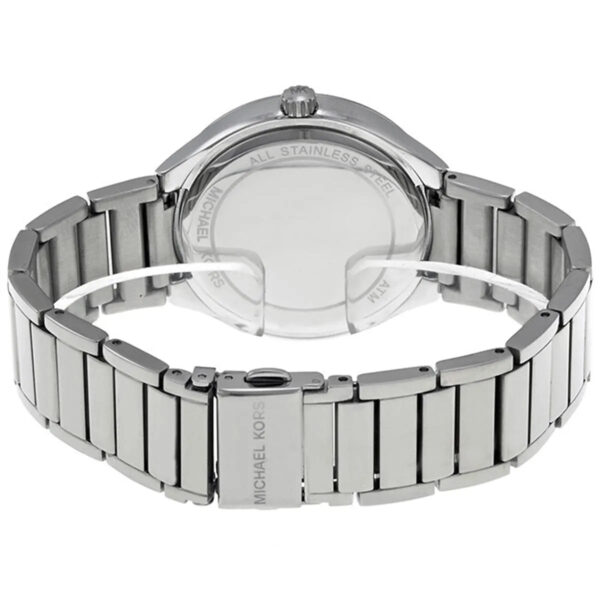 Michael Kors Kerry watch caseback showing stainless steel with engraved text and transparent display