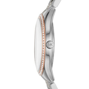 Side profile of Michael Kors Lauryn watch showing case thickness and crystal-set rose gold bezel