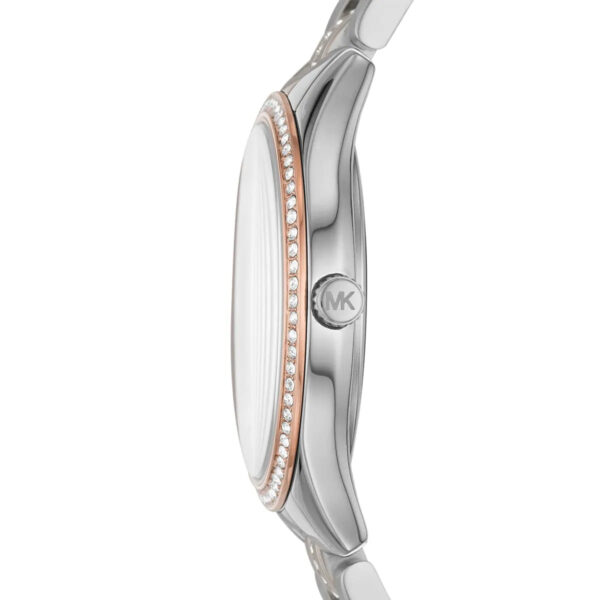 Side profile of Michael Kors Lauryn watch showing case thickness and crystal-set rose gold bezel