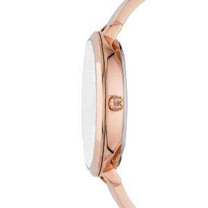 Side view of Michael Kors Charley Pavé watch showing rose gold half-bangle strap and case profile