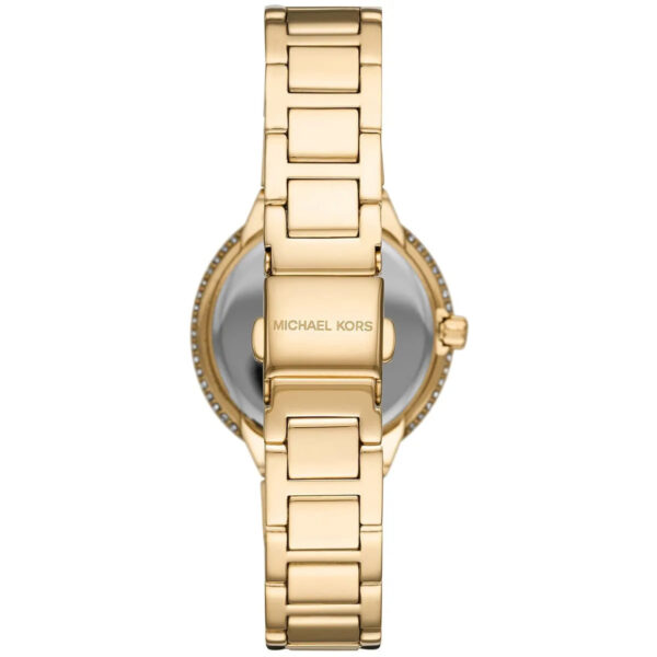 Michael Kors Taryn watch caseback showing stainless steel plate with Michael Kors branding